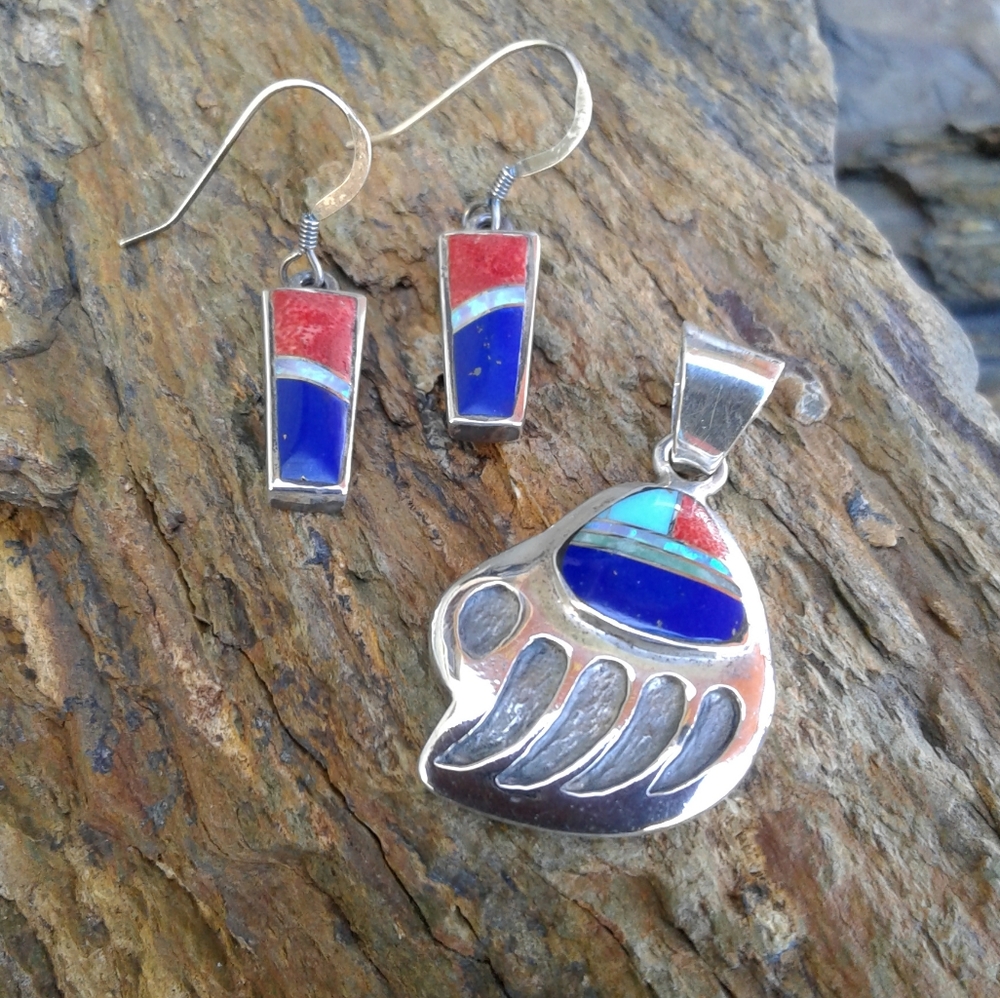 Sterling Silver Multi Inlay Bear Claw Pendant SET - Picture 1 of 6